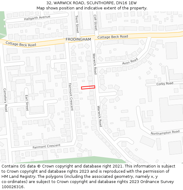 32, WARWICK ROAD, SCUNTHORPE, DN16 1EW: Location map and indicative extent of plot