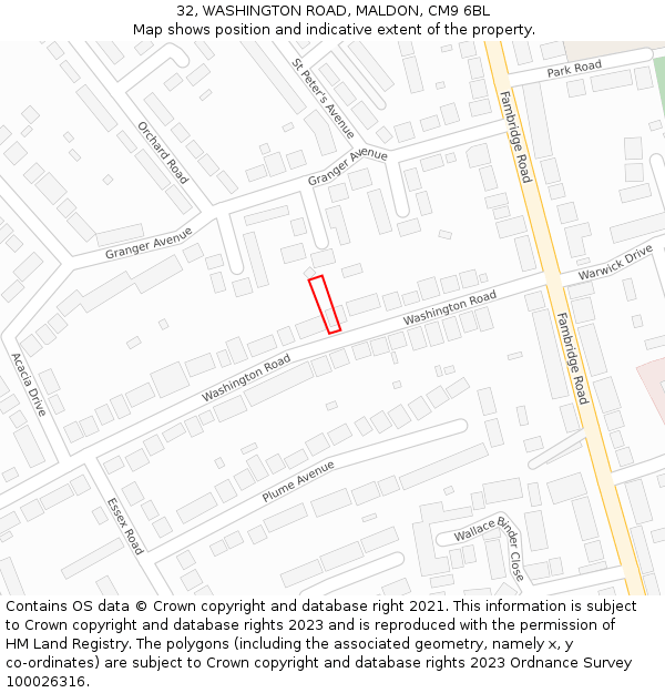 32, WASHINGTON ROAD, MALDON, CM9 6BL: Location map and indicative extent of plot