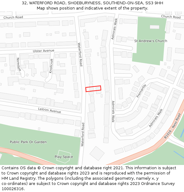 32, WATERFORD ROAD, SHOEBURYNESS, SOUTHEND-ON-SEA, SS3 9HH: Location map and indicative extent of plot