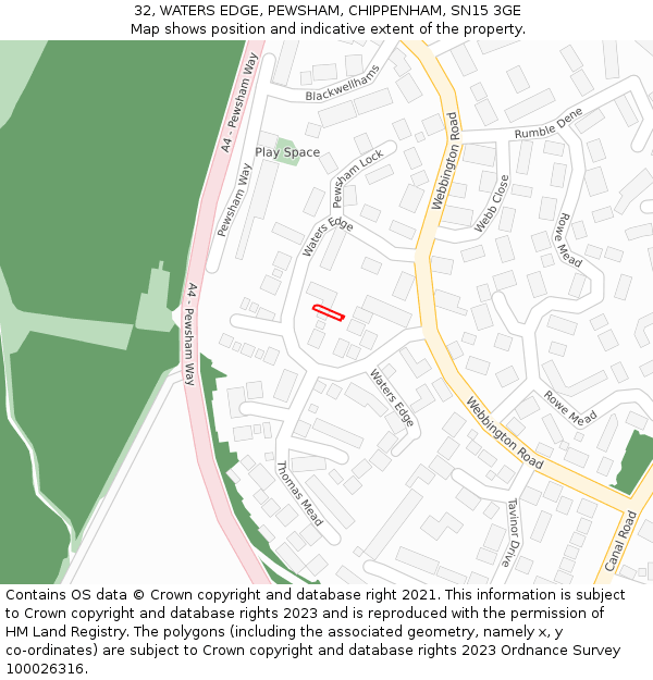 32, WATERS EDGE, PEWSHAM, CHIPPENHAM, SN15 3GE: Location map and indicative extent of plot