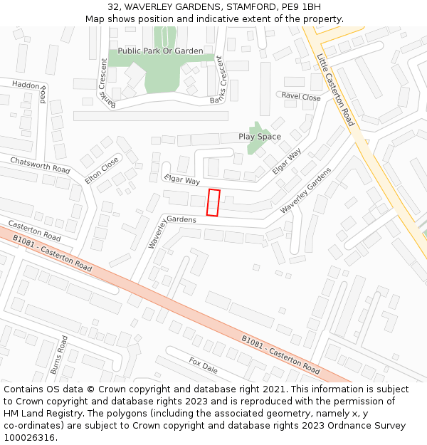 32, WAVERLEY GARDENS, STAMFORD, PE9 1BH: Location map and indicative extent of plot