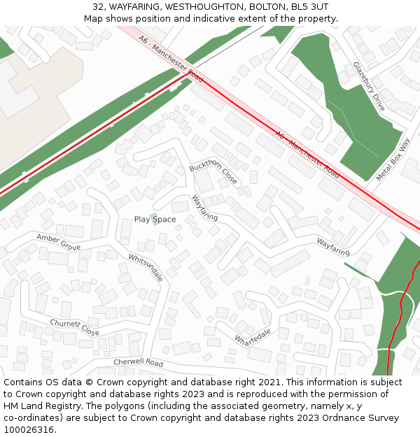 32, WAYFARING, WESTHOUGHTON, BOLTON, BL5 3UT: Location map and indicative extent of plot