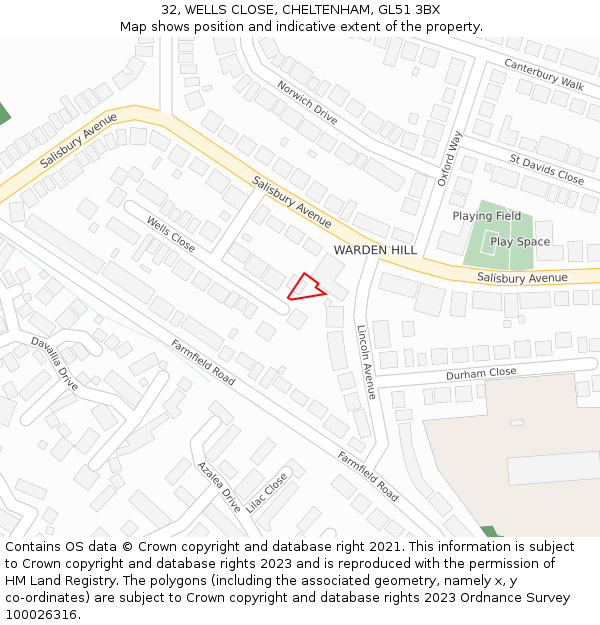 32, WELLS CLOSE, CHELTENHAM, GL51 3BX: Location map and indicative extent of plot