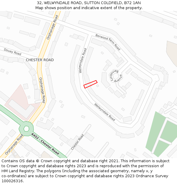 32, WELWYNDALE ROAD, SUTTON COLDFIELD, B72 1AN: Location map and indicative extent of plot