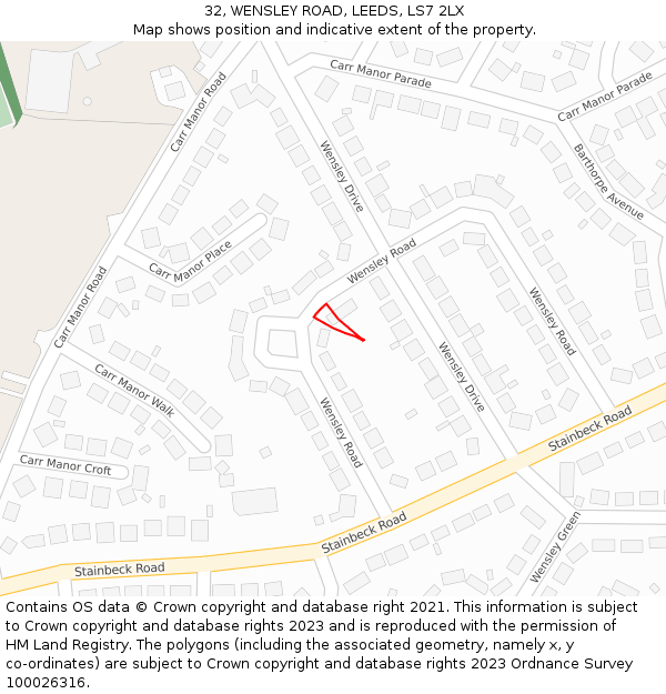 32, WENSLEY ROAD, LEEDS, LS7 2LX: Location map and indicative extent of plot