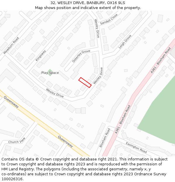 32, WESLEY DRIVE, BANBURY, OX16 9LS: Location map and indicative extent of plot