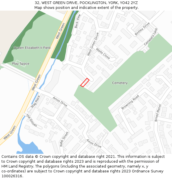 32, WEST GREEN DRIVE, POCKLINGTON, YORK, YO42 2YZ: Location map and indicative extent of plot