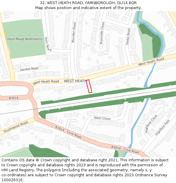 32, WEST HEATH ROAD, FARNBOROUGH, GU14 8QR: Location map and indicative extent of plot