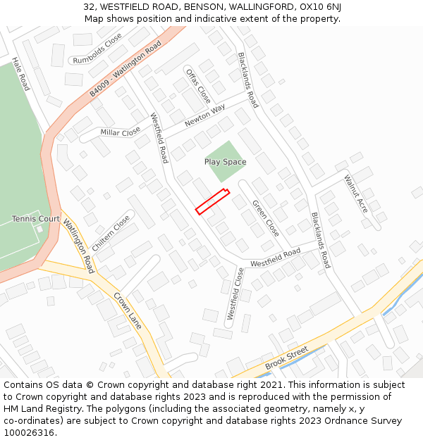 32, WESTFIELD ROAD, BENSON, WALLINGFORD, OX10 6NJ: Location map and indicative extent of plot