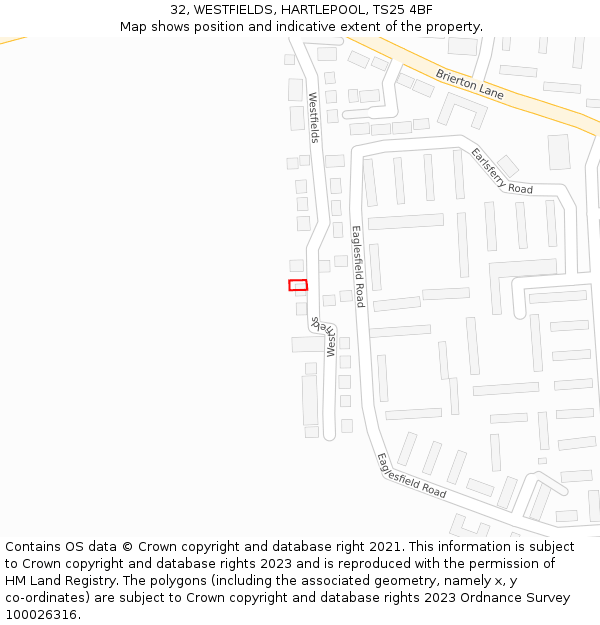 32, WESTFIELDS, HARTLEPOOL, TS25 4BF: Location map and indicative extent of plot