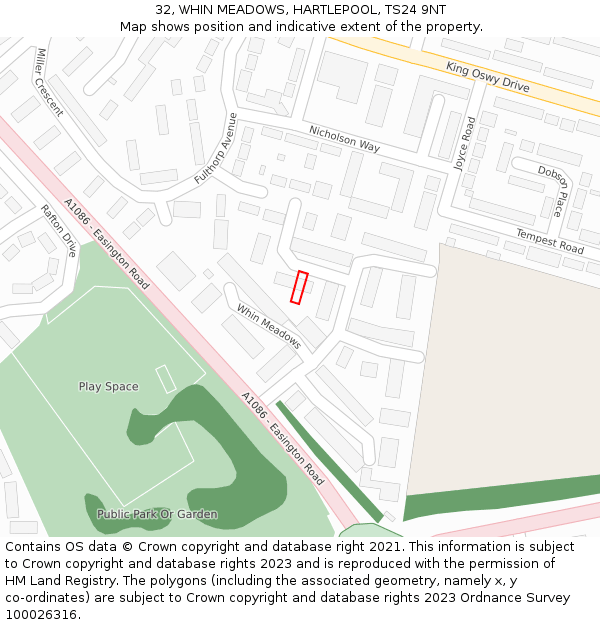 32, WHIN MEADOWS, HARTLEPOOL, TS24 9NT: Location map and indicative extent of plot