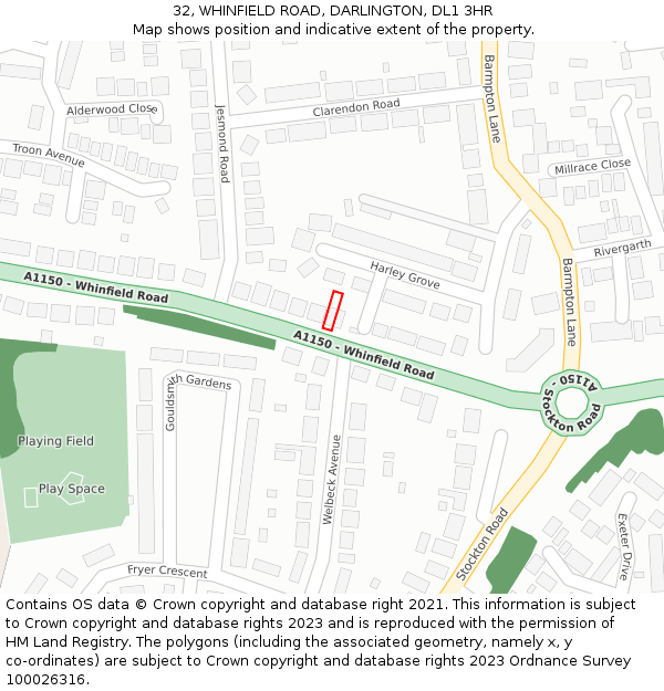 32, WHINFIELD ROAD, DARLINGTON, DL1 3HR: Location map and indicative extent of plot