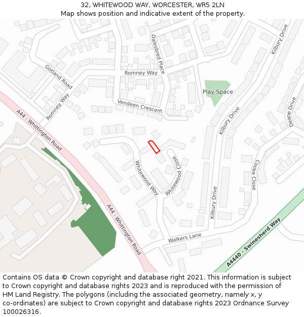 32, WHITEWOOD WAY, WORCESTER, WR5 2LN: Location map and indicative extent of plot