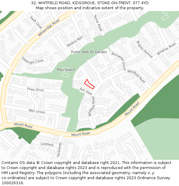 32, WHITFIELD ROAD, KIDSGROVE, STOKE-ON-TRENT, ST7 4YD: Location map and indicative extent of plot