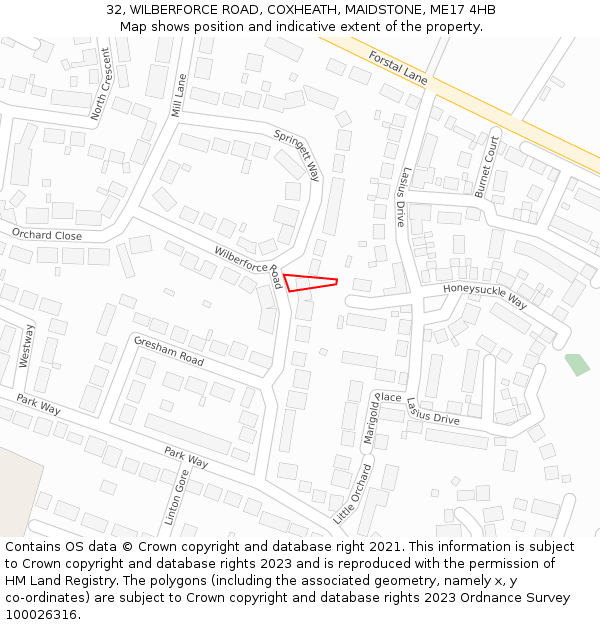 32, WILBERFORCE ROAD, COXHEATH, MAIDSTONE, ME17 4HB: Location map and indicative extent of plot