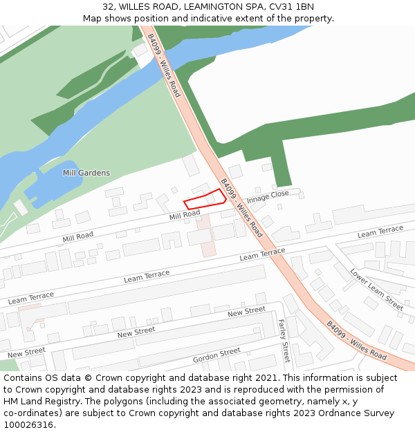 32, WILLES ROAD, LEAMINGTON SPA, CV31 1BN: Location map and indicative extent of plot