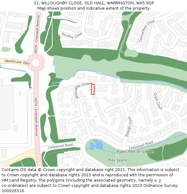 32, WILLOUGHBY CLOSE, OLD HALL, WARRINGTON, WA5 9QP: Location map and indicative extent of plot