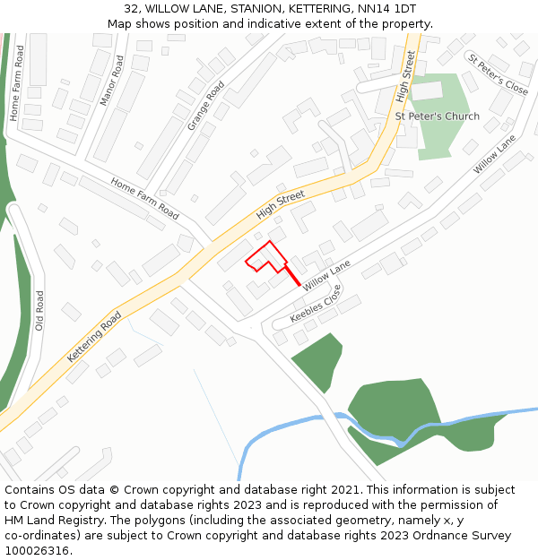 32, WILLOW LANE, STANION, KETTERING, NN14 1DT: Location map and indicative extent of plot