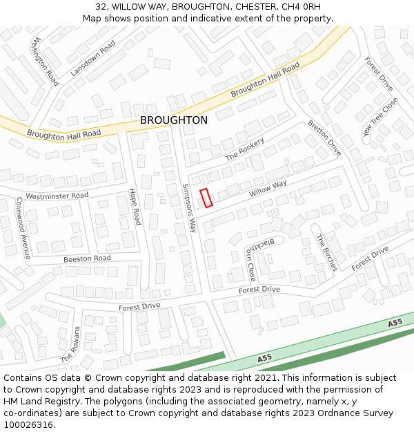 32, WILLOW WAY, BROUGHTON, CHESTER, CH4 0RH: Location map and indicative extent of plot