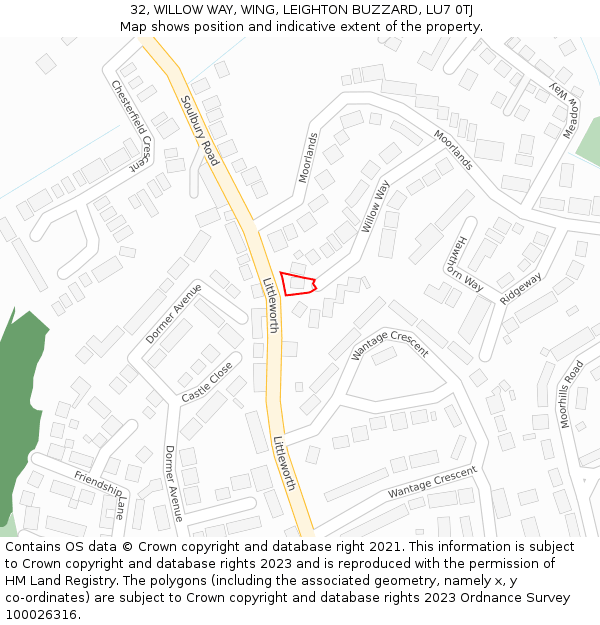 32, WILLOW WAY, WING, LEIGHTON BUZZARD, LU7 0TJ: Location map and indicative extent of plot