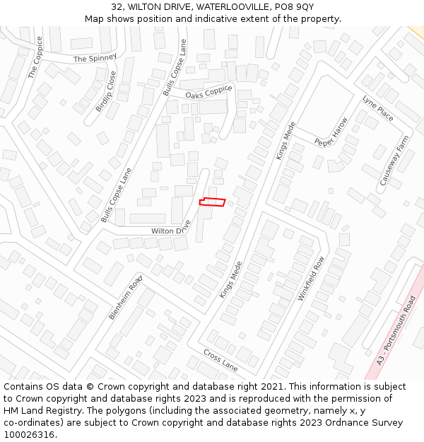 32, WILTON DRIVE, WATERLOOVILLE, PO8 9QY: Location map and indicative extent of plot