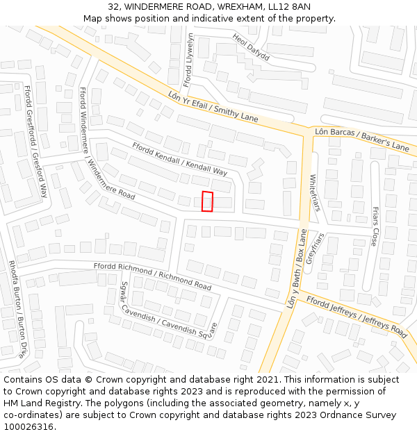 32, WINDERMERE ROAD, WREXHAM, LL12 8AN: Location map and indicative extent of plot