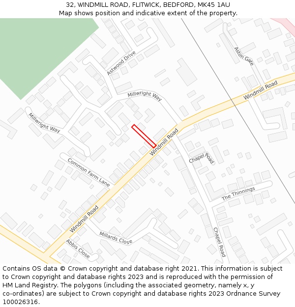 32, WINDMILL ROAD, FLITWICK, BEDFORD, MK45 1AU: Location map and indicative extent of plot