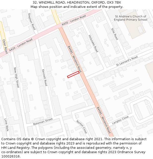 32, WINDMILL ROAD, HEADINGTON, OXFORD, OX3 7BX: Location map and indicative extent of plot