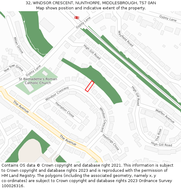 32, WINDSOR CRESCENT, NUNTHORPE, MIDDLESBROUGH, TS7 0AN: Location map and indicative extent of plot