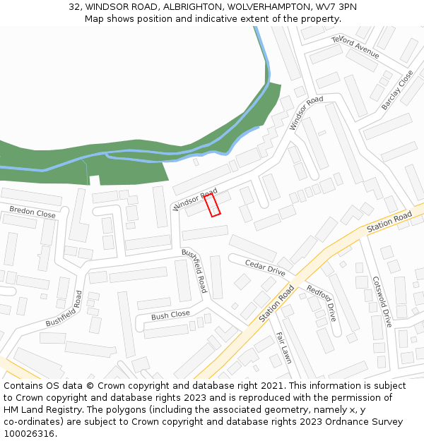 32, WINDSOR ROAD, ALBRIGHTON, WOLVERHAMPTON, WV7 3PN: Location map and indicative extent of plot