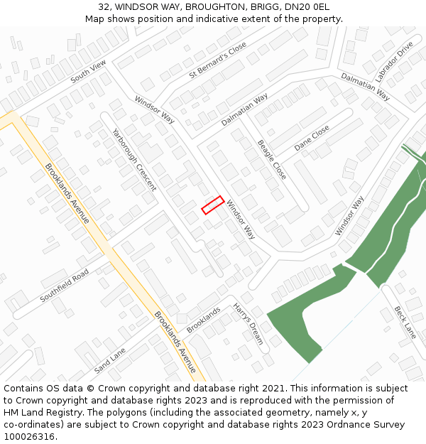 32, WINDSOR WAY, BROUGHTON, BRIGG, DN20 0EL: Location map and indicative extent of plot