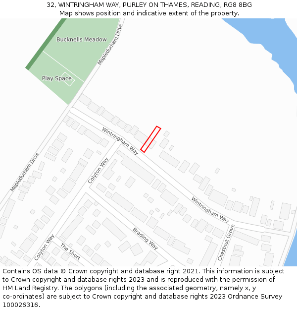 32, WINTRINGHAM WAY, PURLEY ON THAMES, READING, RG8 8BG: Location map and indicative extent of plot