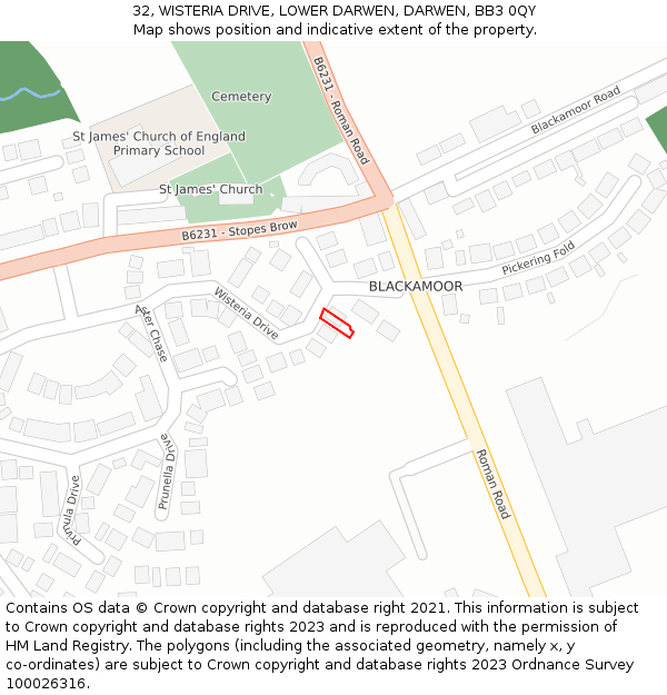 32, WISTERIA DRIVE, LOWER DARWEN, DARWEN, BB3 0QY: Location map and indicative extent of plot