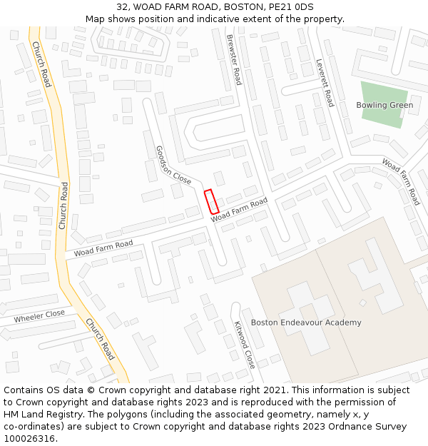 32, WOAD FARM ROAD, BOSTON, PE21 0DS: Location map and indicative extent of plot