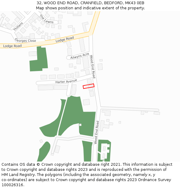 32, WOOD END ROAD, CRANFIELD, BEDFORD, MK43 0EB: Location map and indicative extent of plot