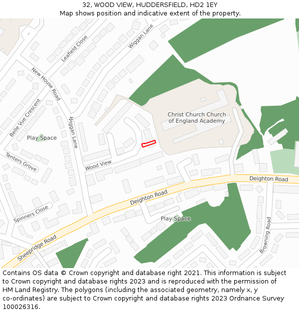 32, WOOD VIEW, HUDDERSFIELD, HD2 1EY: Location map and indicative extent of plot