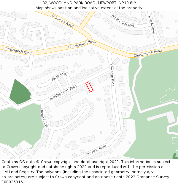 32, WOODLAND PARK ROAD, NEWPORT, NP19 8LY: Location map and indicative extent of plot