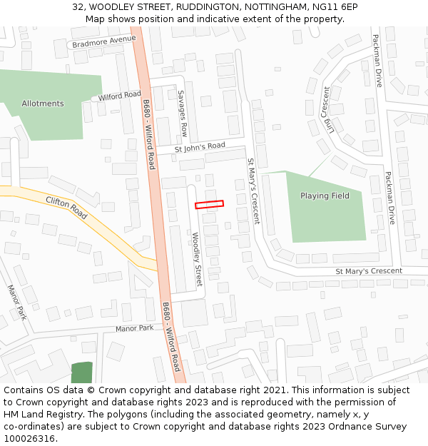 32, WOODLEY STREET, RUDDINGTON, NOTTINGHAM, NG11 6EP: Location map and indicative extent of plot