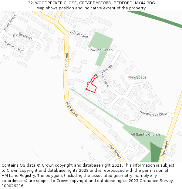 32, WOODPECKER CLOSE, GREAT BARFORD, BEDFORD, MK44 3BG: Location map and indicative extent of plot