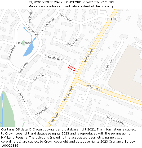 32, WOODROFFE WALK, LONGFORD, COVENTRY, CV6 6PS: Location map and indicative extent of plot