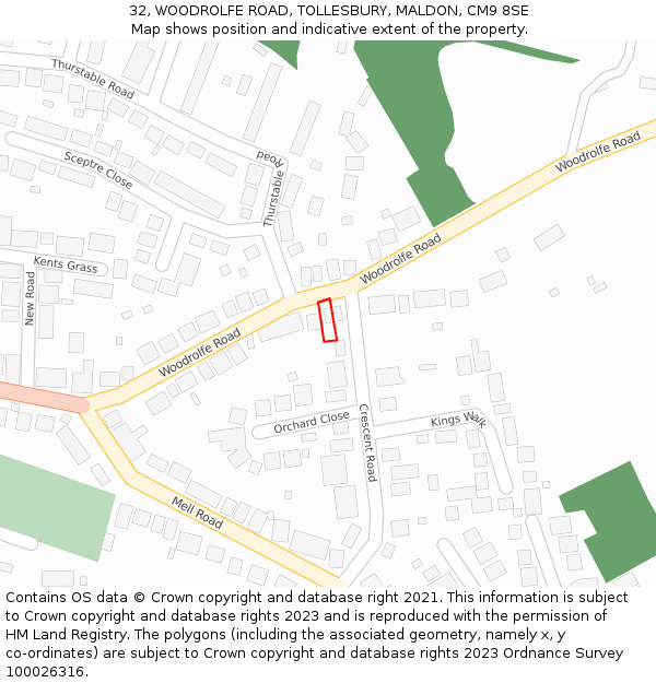 32, WOODROLFE ROAD, TOLLESBURY, MALDON, CM9 8SE: Location map and indicative extent of plot