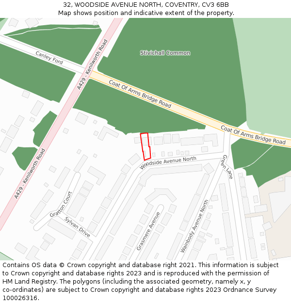 32, WOODSIDE AVENUE NORTH, COVENTRY, CV3 6BB: Location map and indicative extent of plot