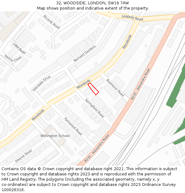 32, WOODSIDE, LONDON, SW19 7AW: Location map and indicative extent of plot