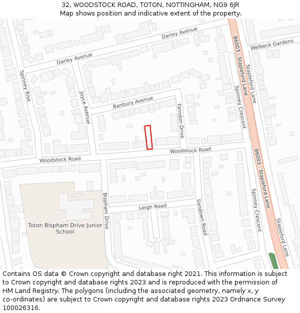 32, WOODSTOCK ROAD, TOTON, NOTTINGHAM, NG9 6JR: Location map and indicative extent of plot