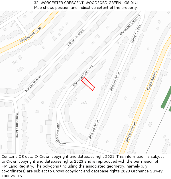 32, WORCESTER CRESCENT, WOODFORD GREEN, IG8 0LU: Location map and indicative extent of plot