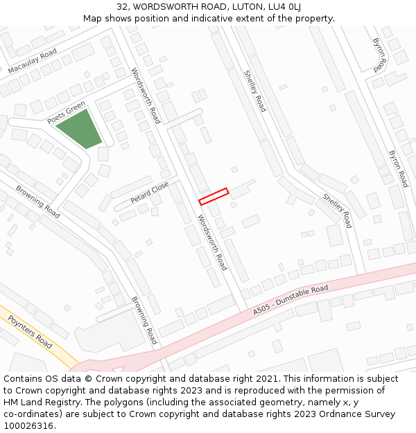 32, WORDSWORTH ROAD, LUTON, LU4 0LJ: Location map and indicative extent of plot