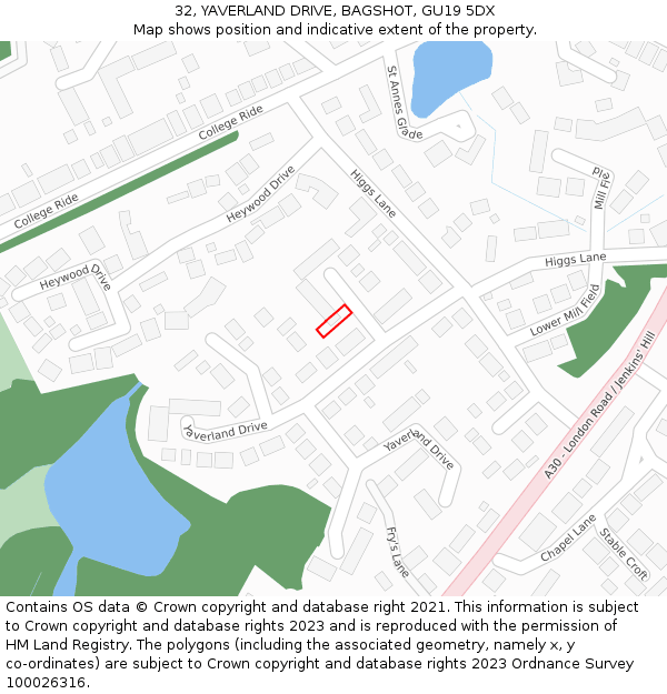 32, YAVERLAND DRIVE, BAGSHOT, GU19 5DX: Location map and indicative extent of plot