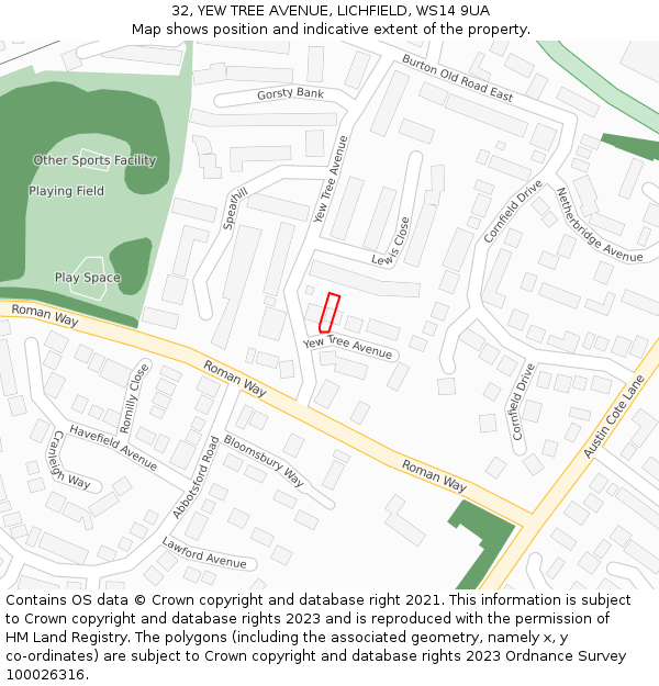 32, YEW TREE AVENUE, LICHFIELD, WS14 9UA: Location map and indicative extent of plot