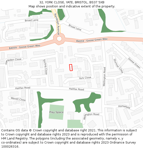 32, YORK CLOSE, YATE, BRISTOL, BS37 5XB: Location map and indicative extent of plot