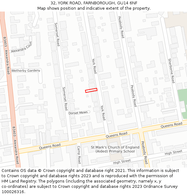 32, YORK ROAD, FARNBOROUGH, GU14 6NF: Location map and indicative extent of plot